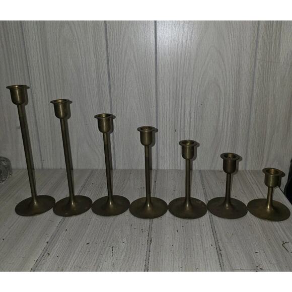 Vintage Brass Graduated Candlestick Holders 9\'\' to 3\'\' 7 PC Hollywood Regency